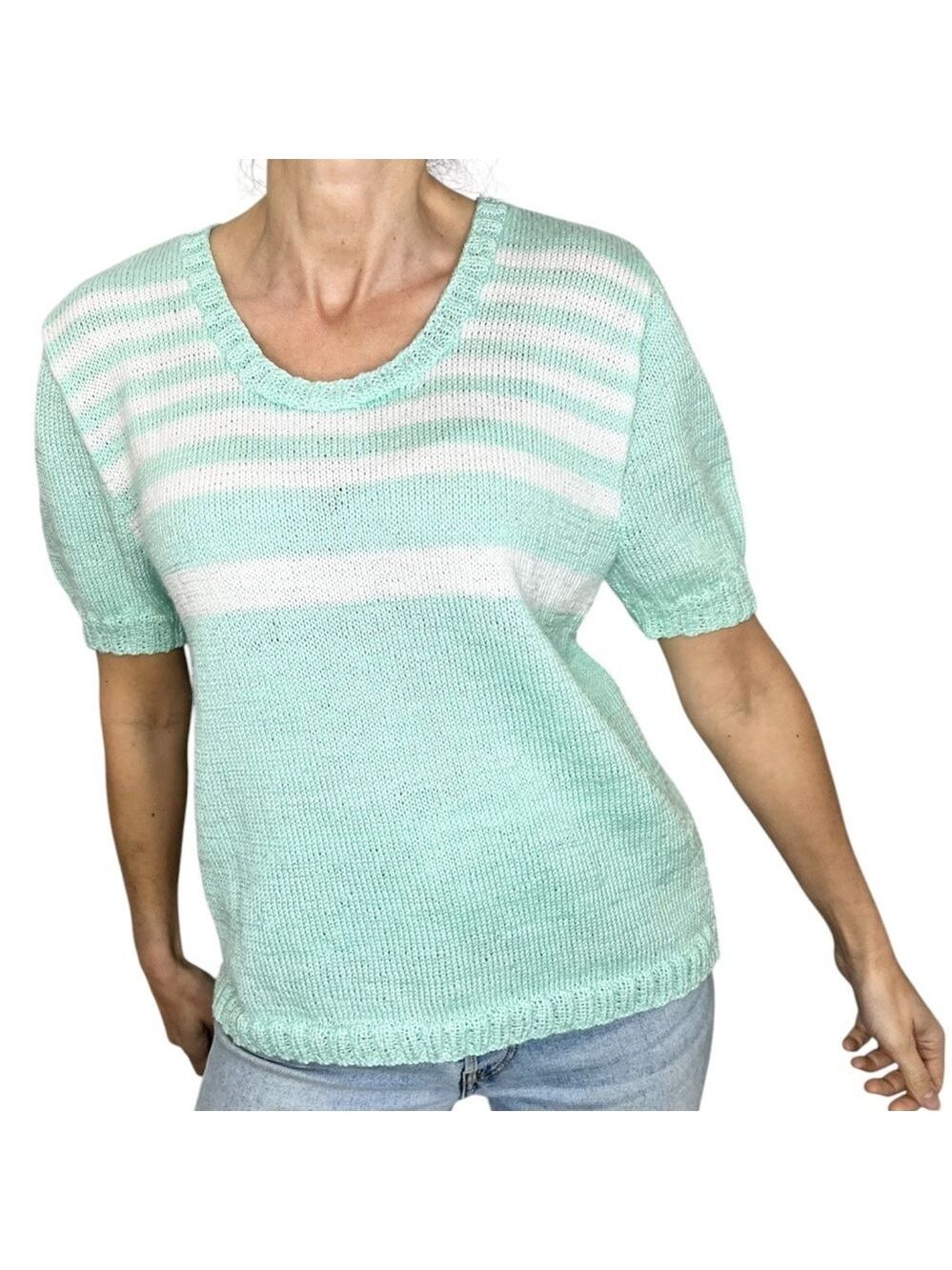 Hand knit 70s 80s style mint green white stripe round neck short sleeve sweater